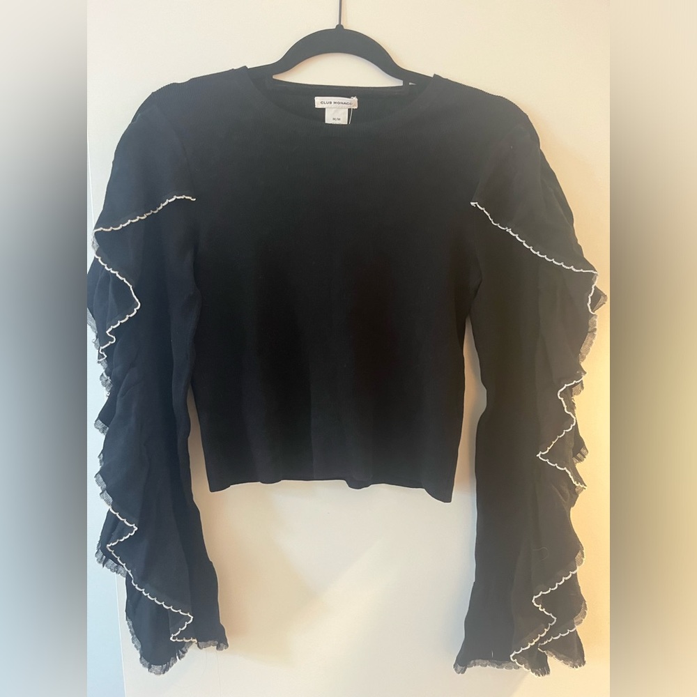 Club Monaco Women's Sancerie Ruffle Sleeve Viscose Sweater in Black